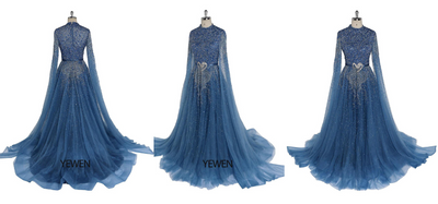 Stunning blue A-line gown with beaded cape sleeves. This luxurious dress is perfect  for a Christmas party, New Year's Eve, or any other formal event