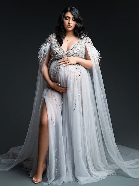 Maternity Dresses for Photo Shoot for Baby Shower Pregnancy Red Mercerized  Cotton Long Sleeve V-neck Skirt Grossesse Vestidos