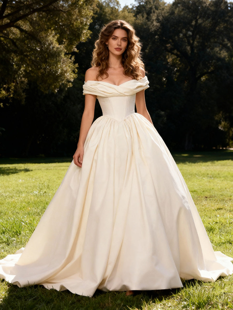 Elegant Off The Shoulder Satin Engagement Wedding Dresses Bridal Gown 16W / Picture Color