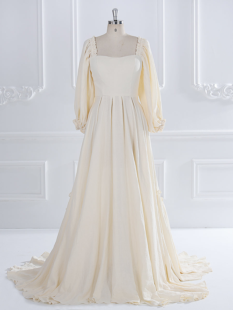 Elegant Long Sleeve Cotton Maxi Dress with Elastic Back Waist