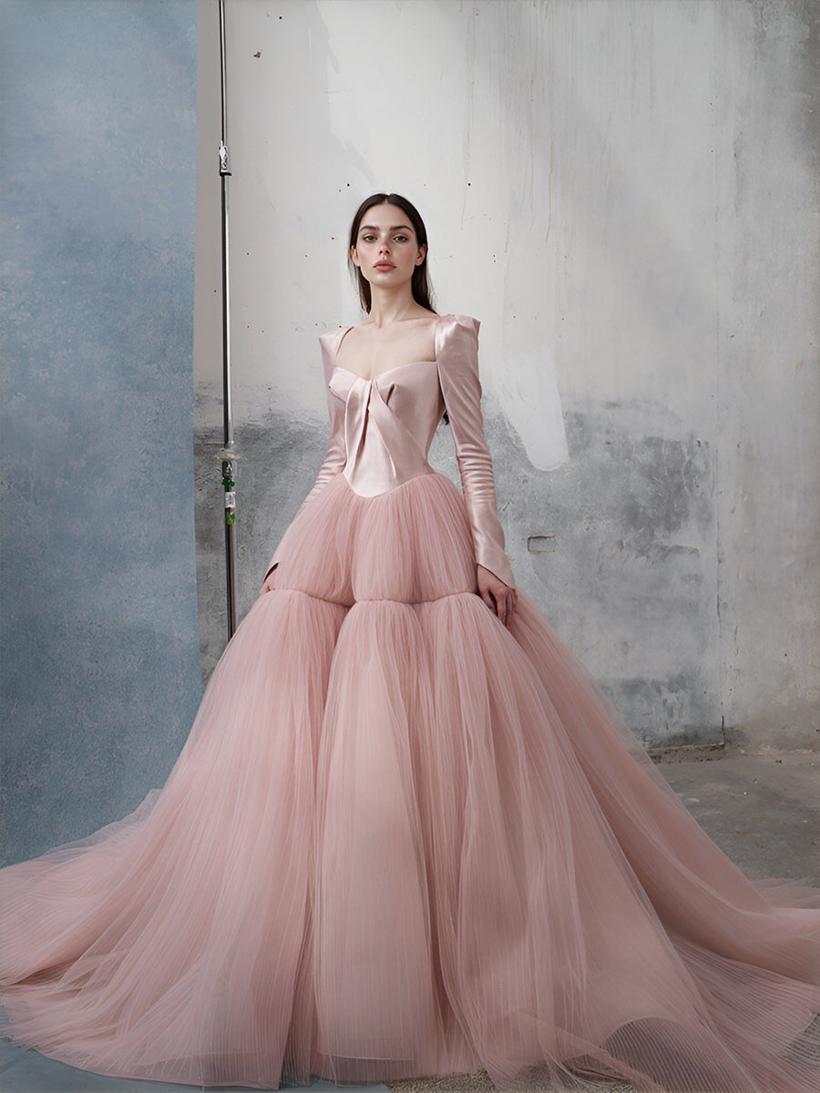 strapless open back dress Pink off shoulder long prom dress, pink tulle formal evening dress – shdress main image 1
