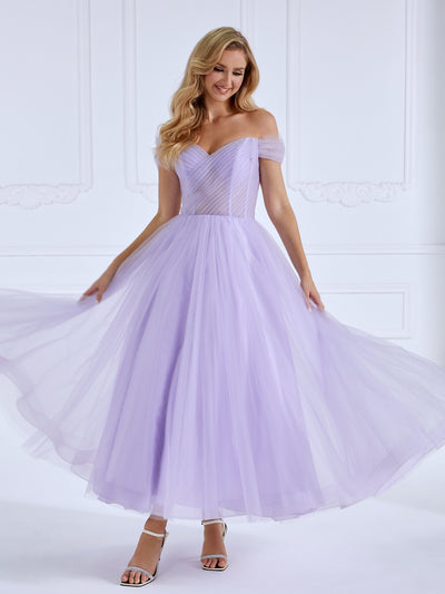 A-line, Off the Shoulder ,Tulle Prom Dresses, Ankle Length