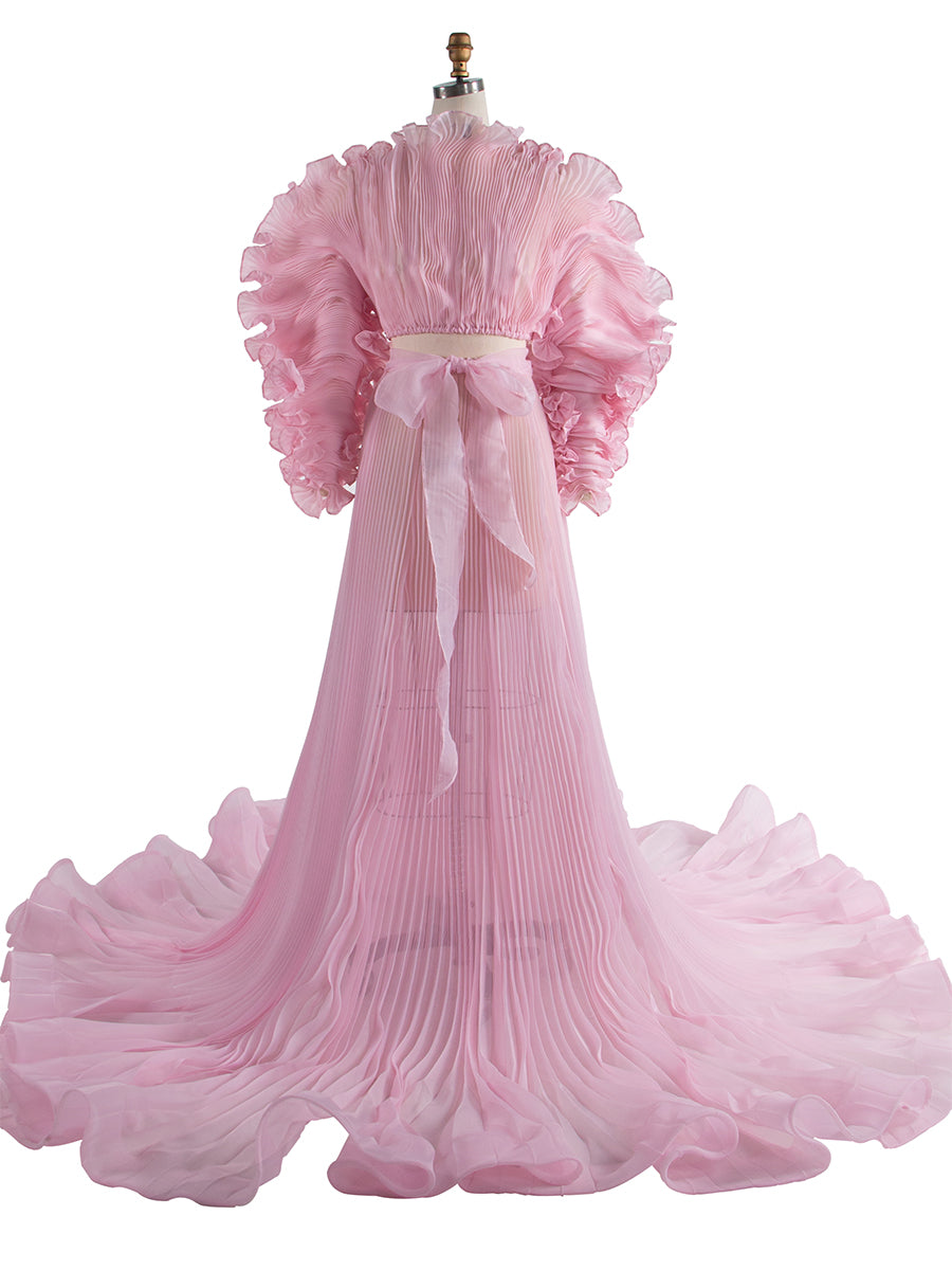 Pink Color 2 Piece Set Pleated Organza Maternity Dresses for Photoshoot Sheer Dress for Maternity Baby Shower YW250013-1 Pink Color 2 Piece Set Pleated Organza Maternity Dresses for Photoshoot Sheer Dress for Maternity Baby Shower YW250013-1