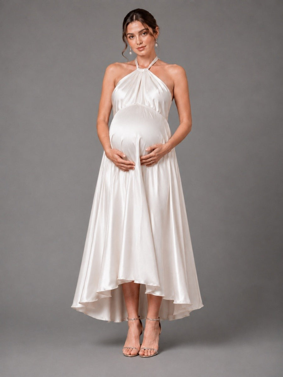 Ivory Halter High-Low Satin Maternity Baby Shower Dress L-26923