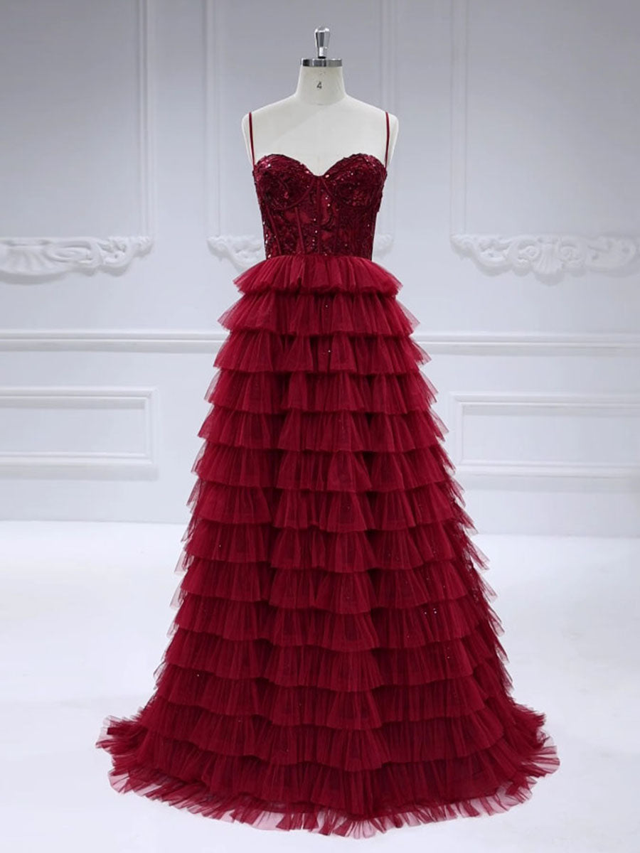 Burgundy Sweetheart-Neck Layered Cascade Ball Gown | Elegant Formal Wear yewendress Burgundy Sweetheart-Neck Layered Cascade Ball Gown | Elegant Formal Wear yewendress
