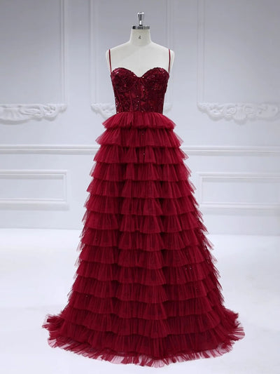 Burgundy Sweetheart-Neck Layered Cascade Ball Gown, prom dress
