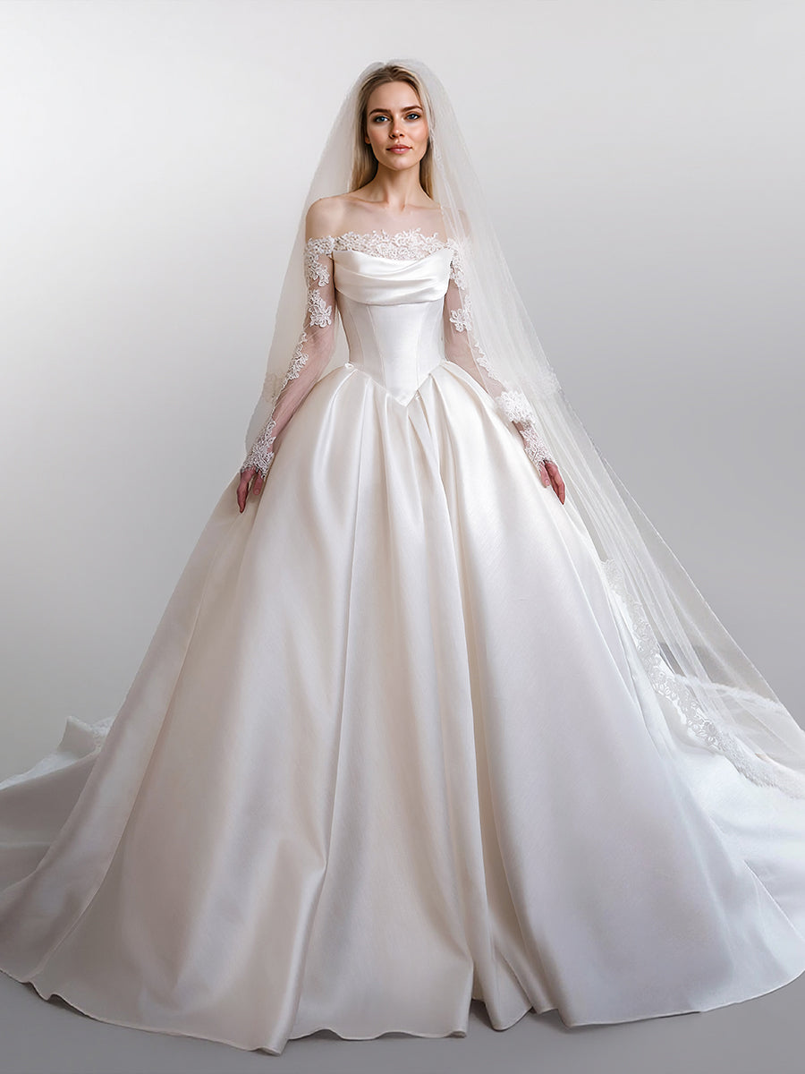 off the shoulder long sleeve satin wedding dress Customized Wedding Dresses Off Shoulder Satin Bridal Gowns Long Sheer Lace Sleeves