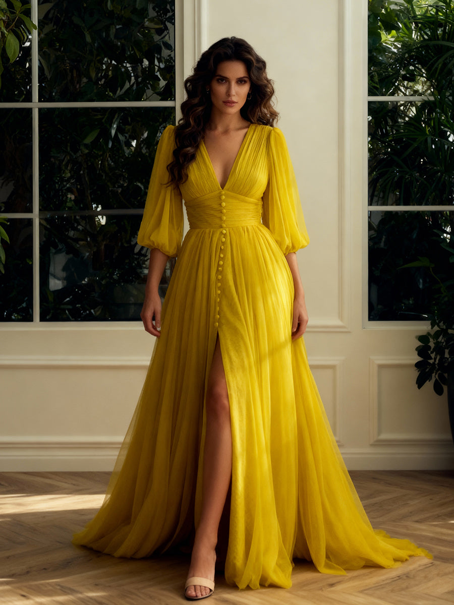 Long Sleeves Prom Dress Buttons Elegant Lady Evening Gown