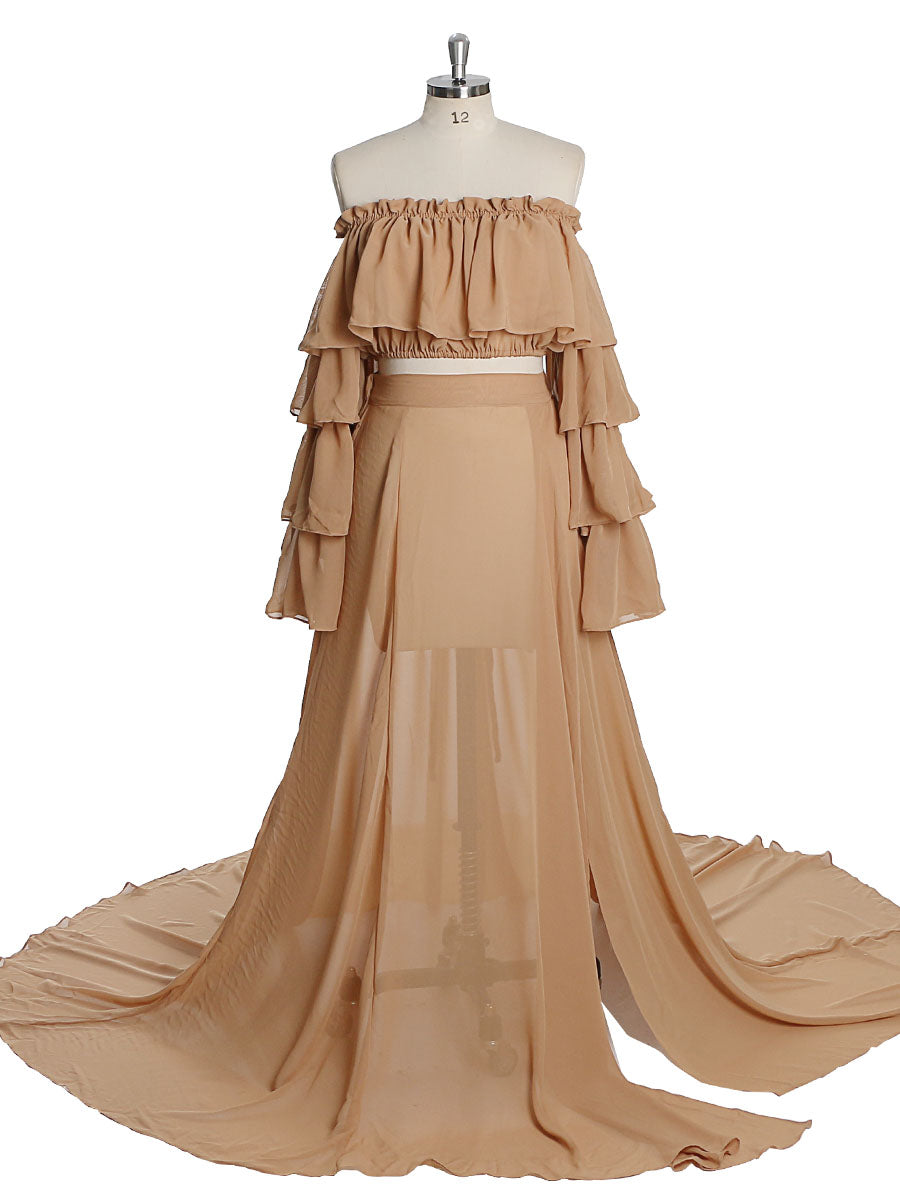tan chiffon dress Sexy Plunging Neck Satin Chiffon Long Evening Bridesmaid Dress with Split  chb0005