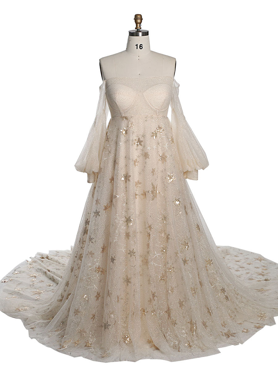 Sparkle Star Tulle Starry Photography Gown Fashion Glitter Mesh Evening Dress for Photo Shoot Yewen YW20230309 12 / Champagne