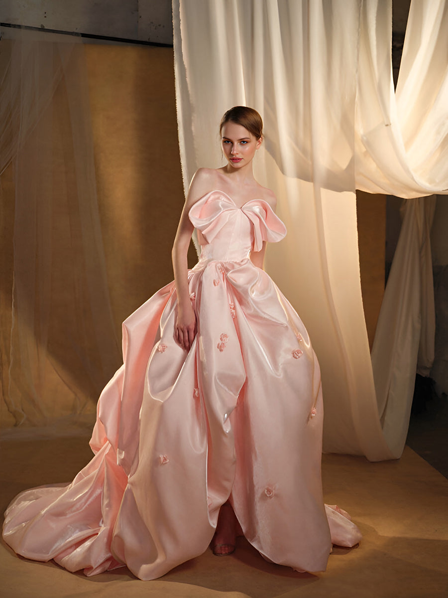 High-end Fashion Candy Pink Satin Cascading Ruffles Prom Dress Wedding yewendress High-end Fashion Candy Pink Satin Cascading Ruffles Prom Dress Wedding yewendress