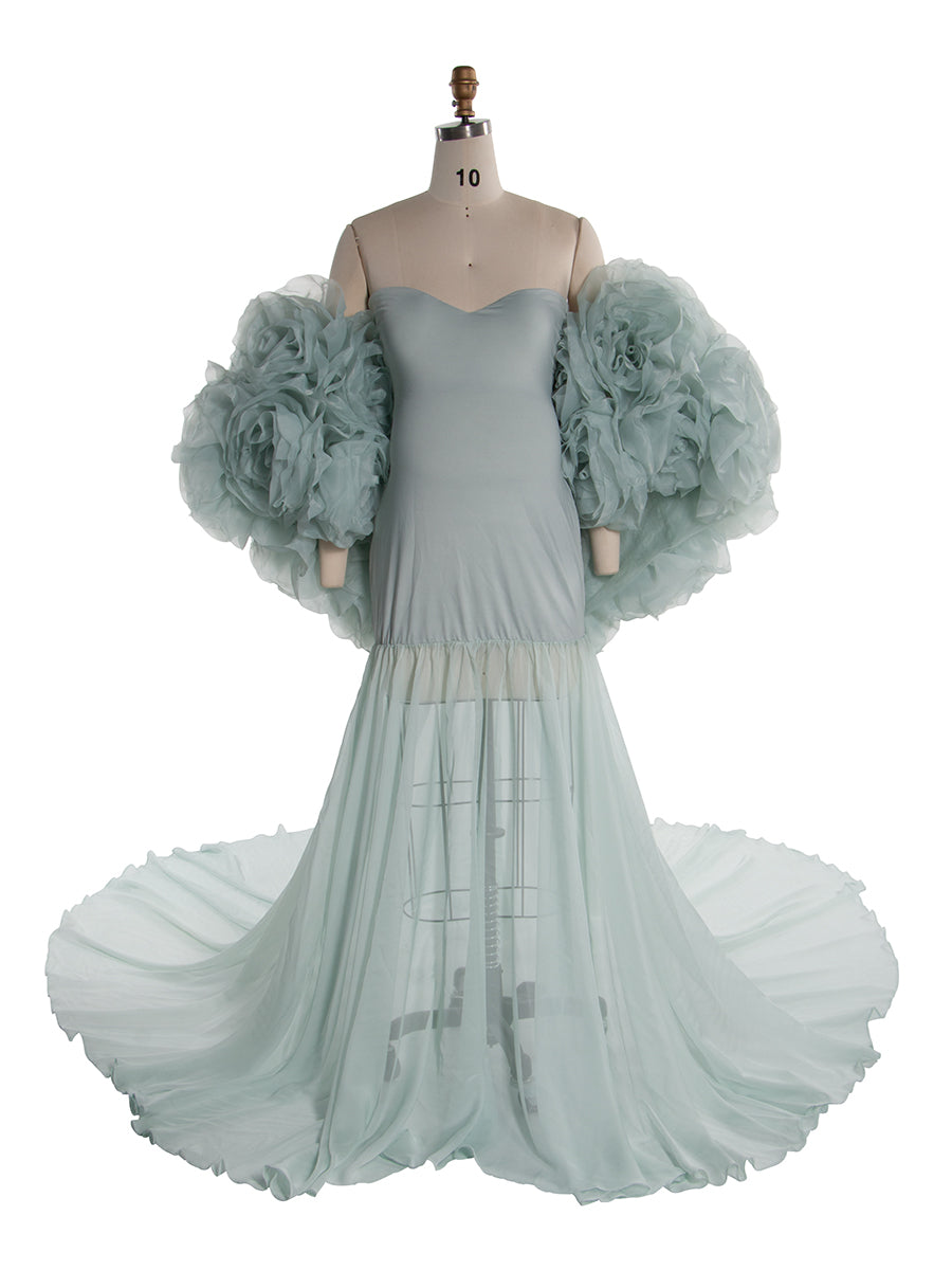 Gorgeous Mermaid Maternity Dress Photoshoot with 3D Floral Shawl Baby Shower Dress YW250040