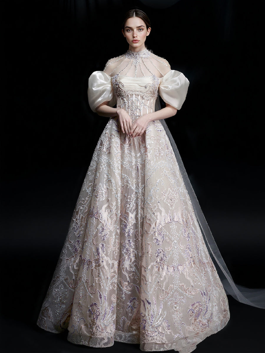 High Neck Luxurious Evening Dress Elegant Formal Wedding Celebrity Prom Gown