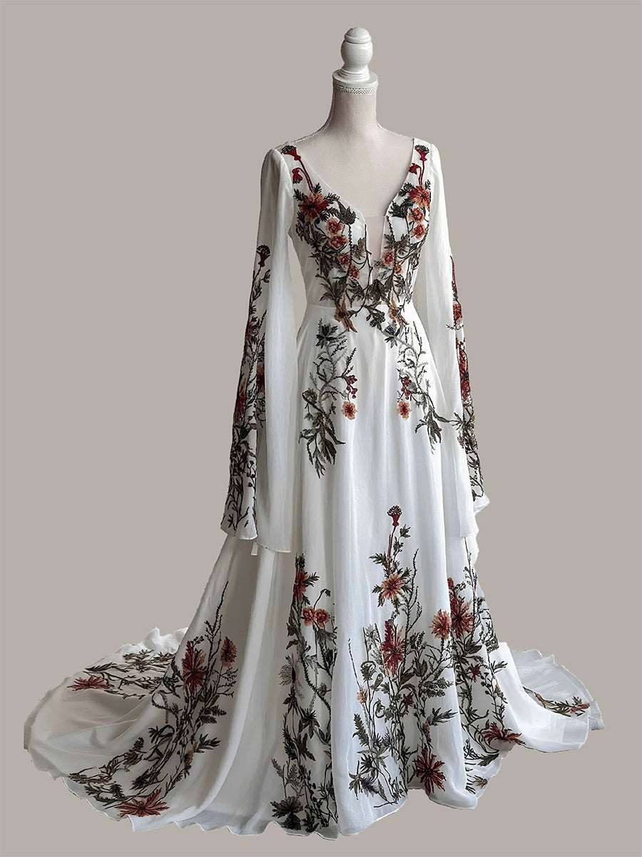 Colorful Floral Lace Wedding Dress Chiffon Boho Wedding Gown Colorful Floral Lace Wedding Dress Chiffon Boho Wedding Gown