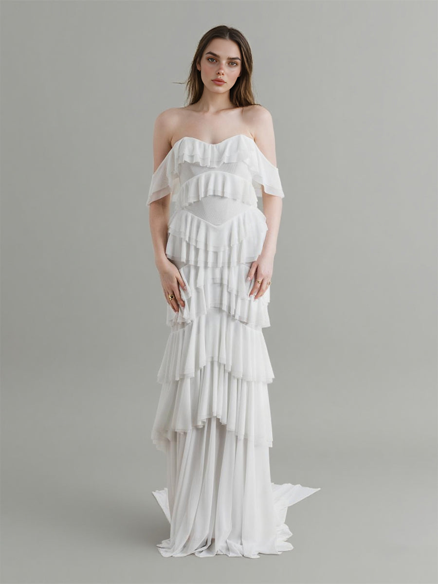 Ivory Chiffon Party Dresses Strapless Layer Ruffles Evening Prom Dress – yewendress