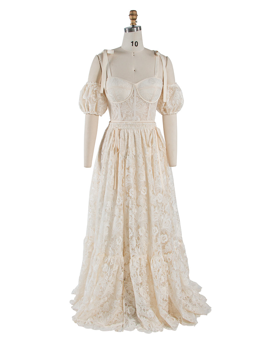 Women's Boho Two-Pieces Set Crop Top and Skirt Boho Lace Wedding Dress YW250014