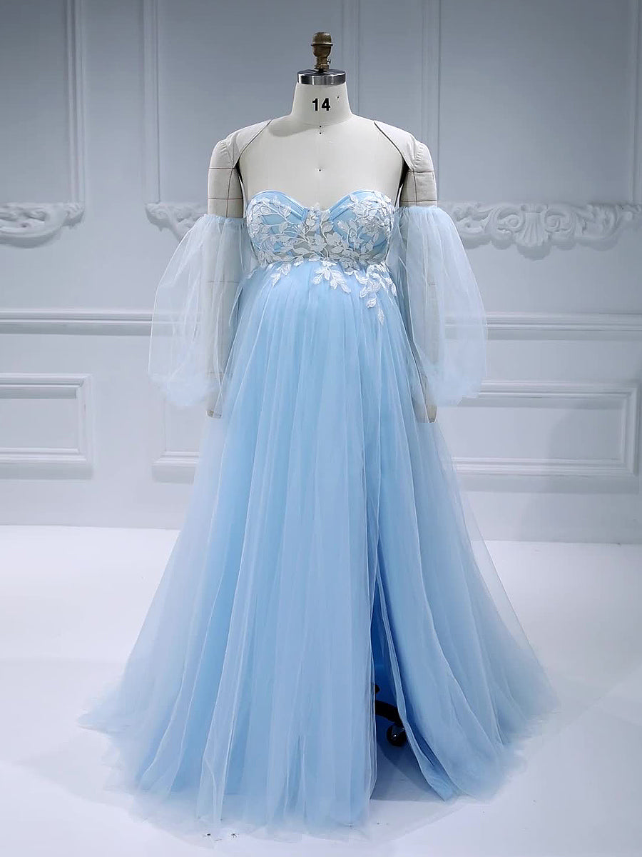 Blue Tulle Maternity Dress for Photo Shoot with Detachable Sleeves Pre yewendress Blue Tulle Maternity Dress for Photo Shoot with Detachable Sleeves Pre yewendress