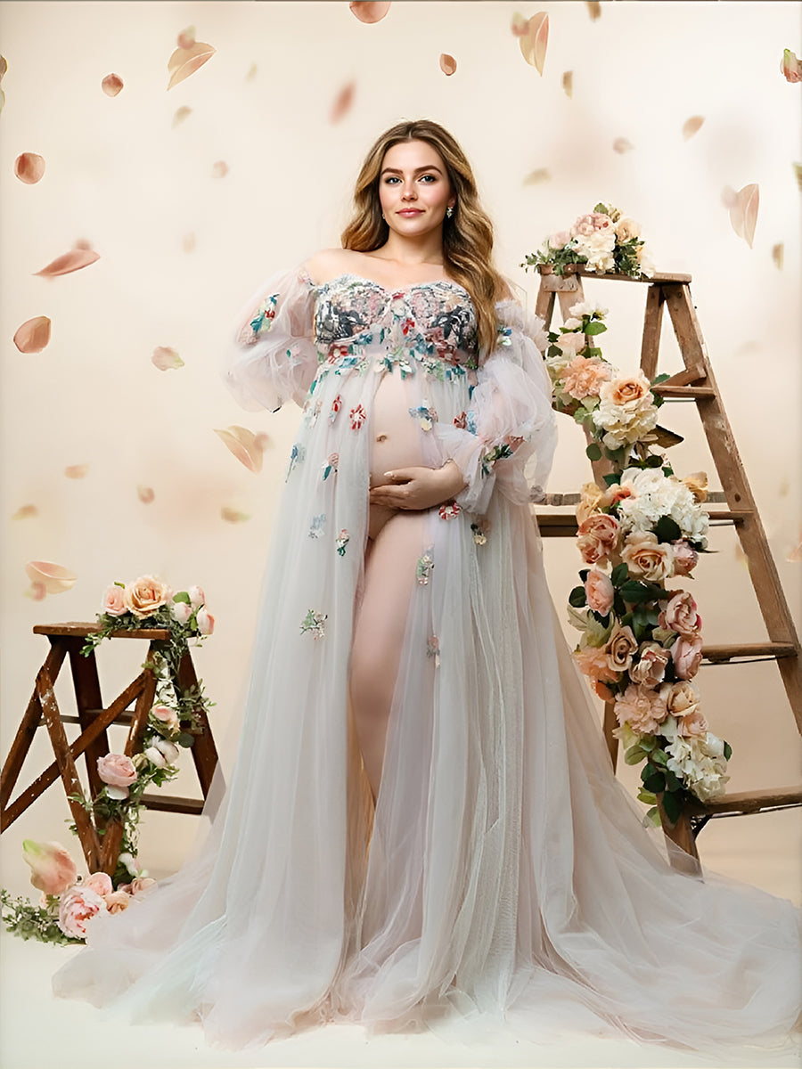 Embroidery Lace Maternity Dress for Photo Shoot Front Slit Maxi Woman 14 / J177 Embroidery Lace Maternity Dress for Photo Shoot Front Slit Maxi Woman 14 / J177