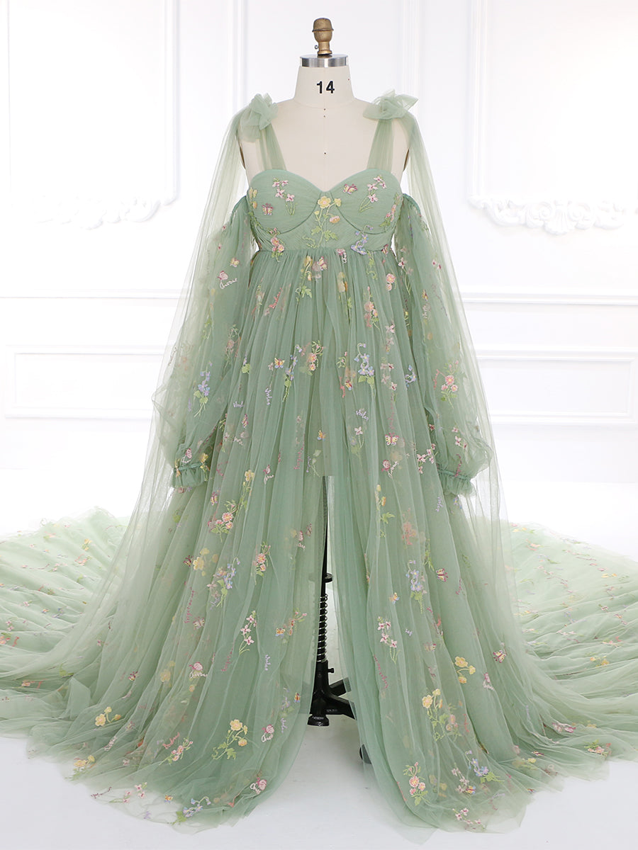 Sage Green Elegant Embroidered Lace Maternity Dress for Photo Shoot Detachable Long Sleeves YW230315 Sage Green Elegant Embroidered Lace Maternity Dress for Photo Shoot Detachable Long Sleeves YW230315