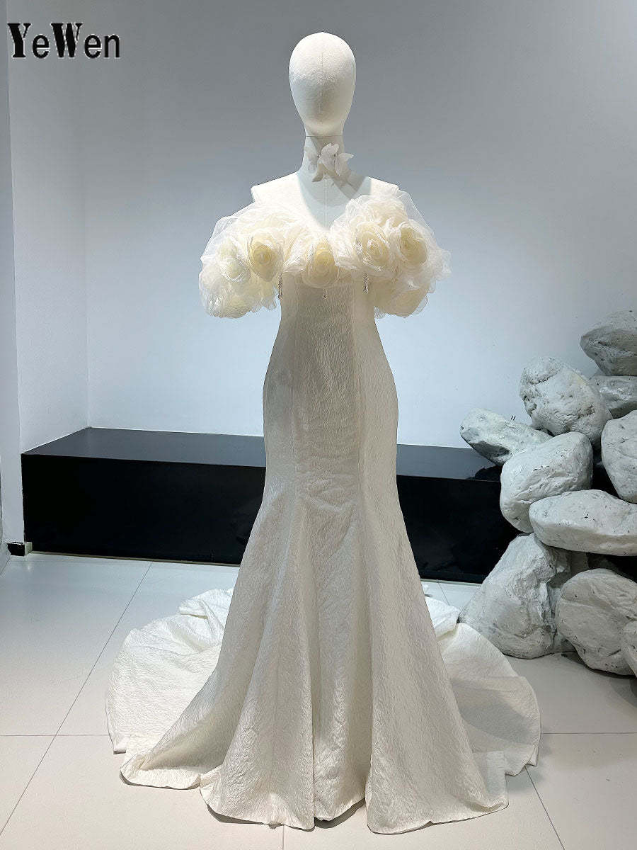 Off Shoulder Handmade Flower Sleeves Mermaid Wedding Prom Dress YW0836 yewendress Off Shoulder Handmade Flower Sleeves Mermaid Wedding Prom Dress YW0836 yewendress