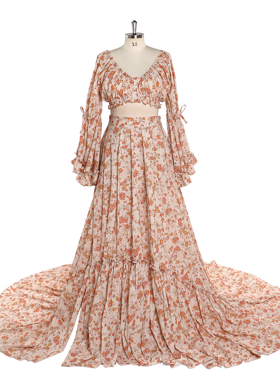 Elegant Cotton Floral Print Woman Maxi Dress Boho Beach 2 Pieces Gown 12 / Picture Color Elegant Cotton Floral Print Woman Maxi Dress Boho Beach 2 Pieces Gown 12 / Picture Color