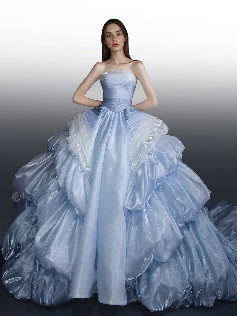 Luxurious Organza Tiered Evening Dress Strapless Prom Gown Customized