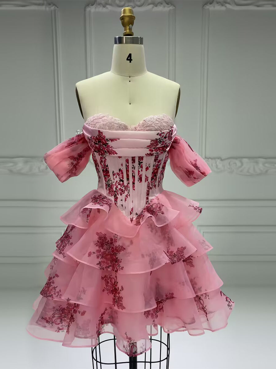 Pink Floral Printed Short Midi Party Dress Elegant Cocktail-Dresses YW243150