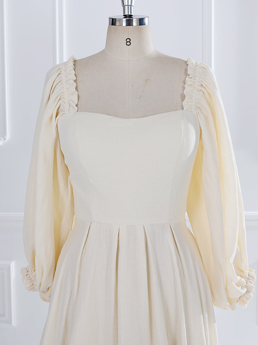 Elegant Long Sleeve Cotton Maxi Dress with Elastic Back Waist