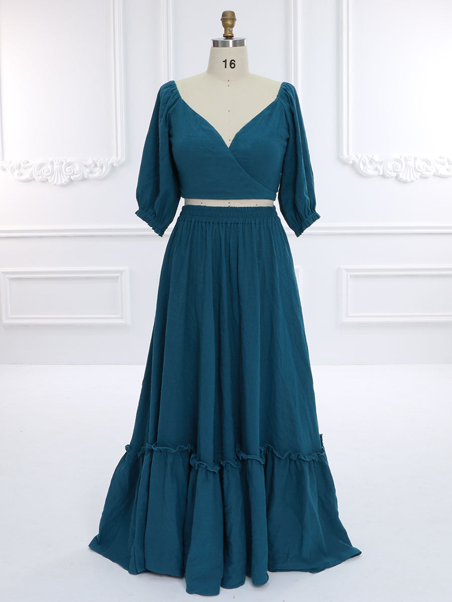 knee length dresses for ladies Elastic Back Woman Cotton 2 Piece Set Maxi Dress Photoshoot Dresses Outfit  YW231146 – yewendress