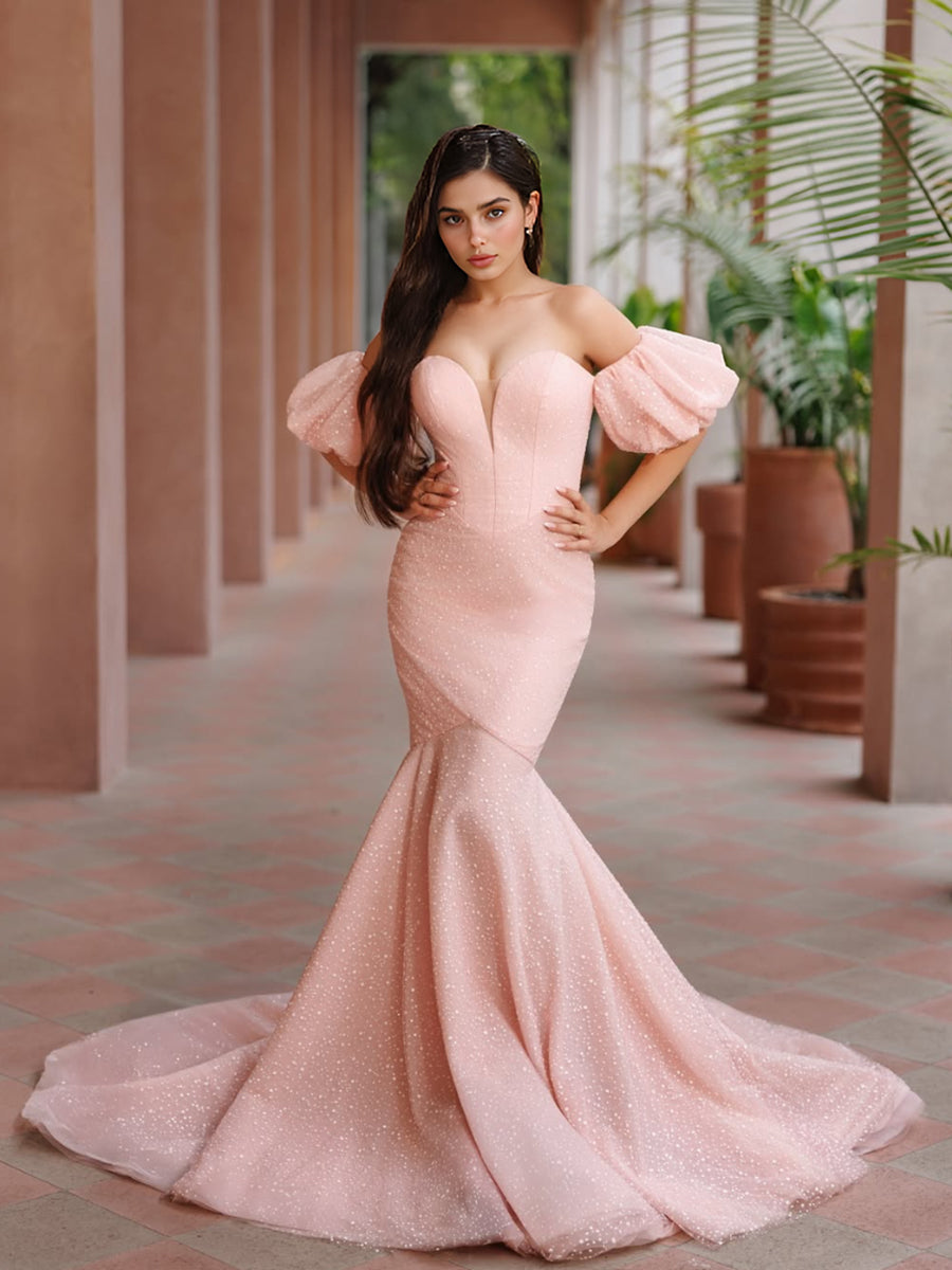 Customized Pink Prom Dress Mermaid Evening Party Dress Sweep Train   yewendress