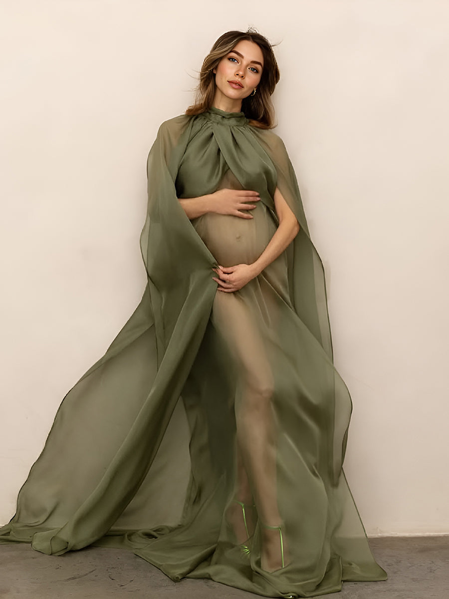 Sheer Maternity Cape Gown Olive Green Maternity Photoshoot Dress YW250037 yewendress Sheer Maternity Cape Gown Olive Green Maternity Photoshoot Dress YW250037 yewendress