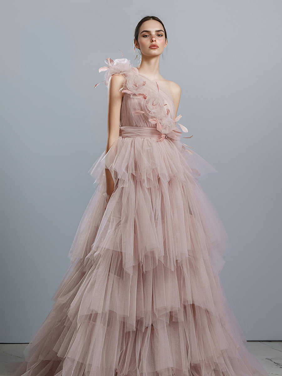 Elegant Prom Dresses for Party One-shoulder with Handmade Flowers Tulle Dress for Event J320 / 4