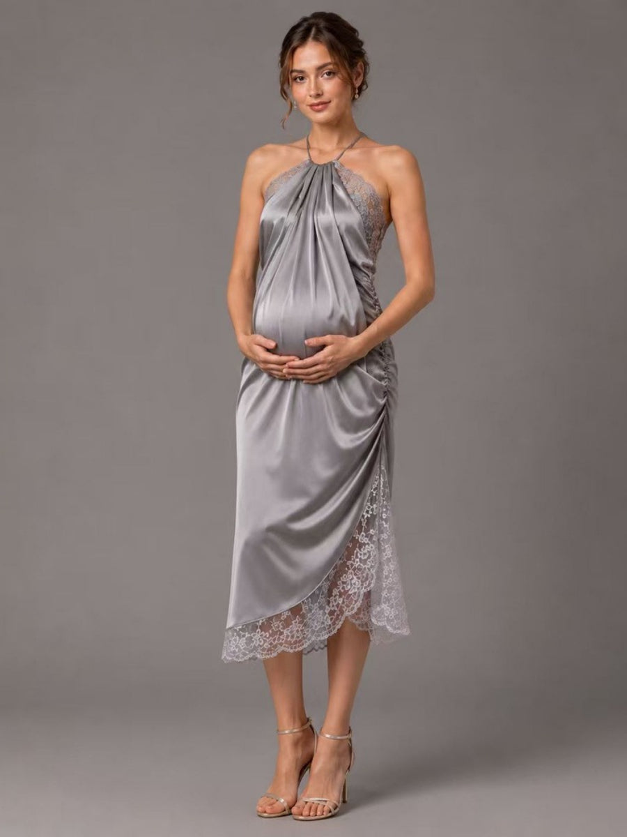 Silver Halter Lace Trim Hem Maternity Baby Shower Dress L-26918