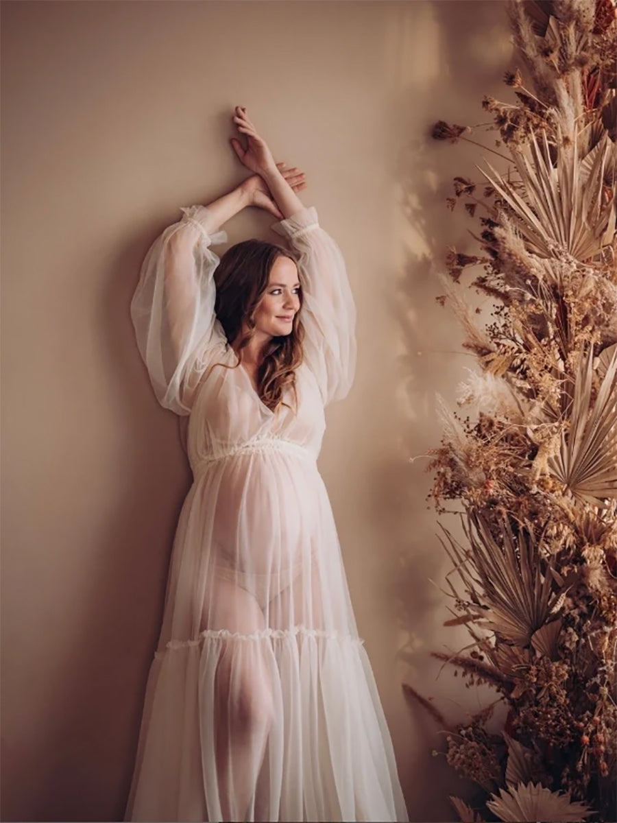 Simple Style Long Sleeve Tulle Dress Woman Maxi Photo Shoot Dress YW2 14 / J231