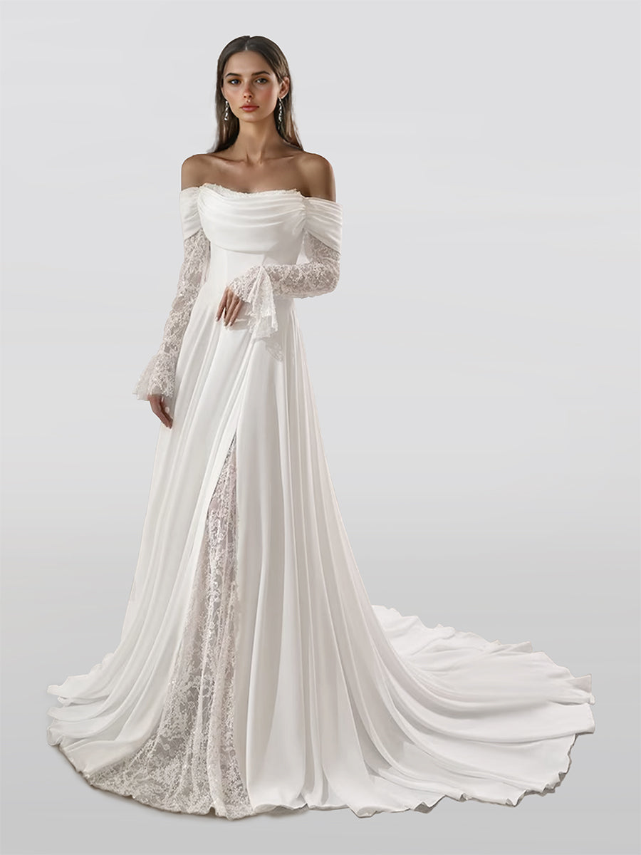 A Line Beach Weeding Dress Off Shoulder Satin with Lace Bridal Dress Long Sleeves Bridal Gown for Party