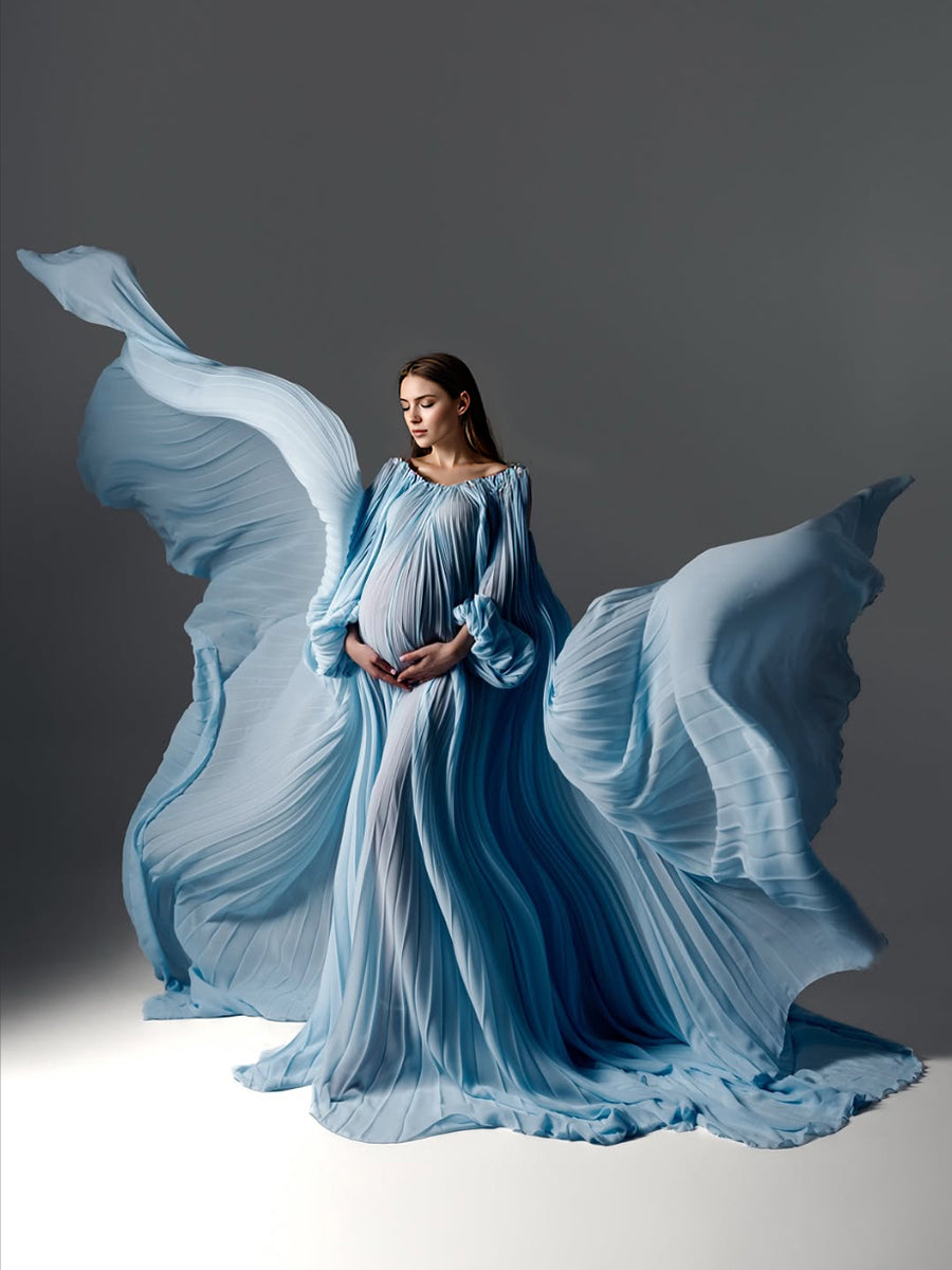 Flowing Pleated Blue Maternity Gown for Photoshoot Elegant Off Shoulder Pregnancy Dress with Long Train YW250071 Flowing Pleated Blue Maternity Gown for Photoshoot Elegant Off Shoulder Pregnancy Dress with Long Train YW250071