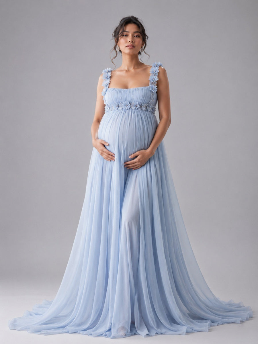 blue floral maternity dress for baby shower Light Square Neck 3D L-26926 – yewendress Detachable Sleeves Web Collection: 4th of July Backless dress | Iconic My Actual Bust is:46