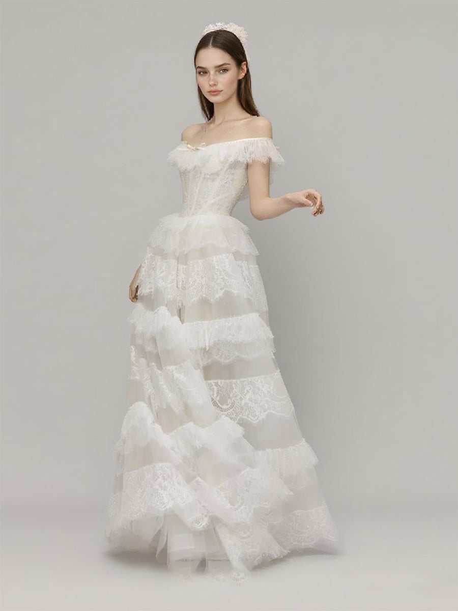 Bridal Wedding Dresses Strapless Lace bohemian Wedding Dress Layer Ruffles Long Customized Gown Bridal Wedding Dresses Strapless Lace bohemian Wedding Dress Layer Ruffles Long Customized Gown