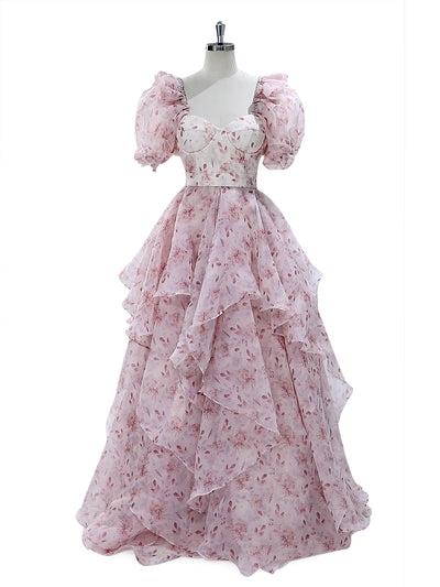 A Line, Floor Length , Pink Printing Floral, Prom Dress