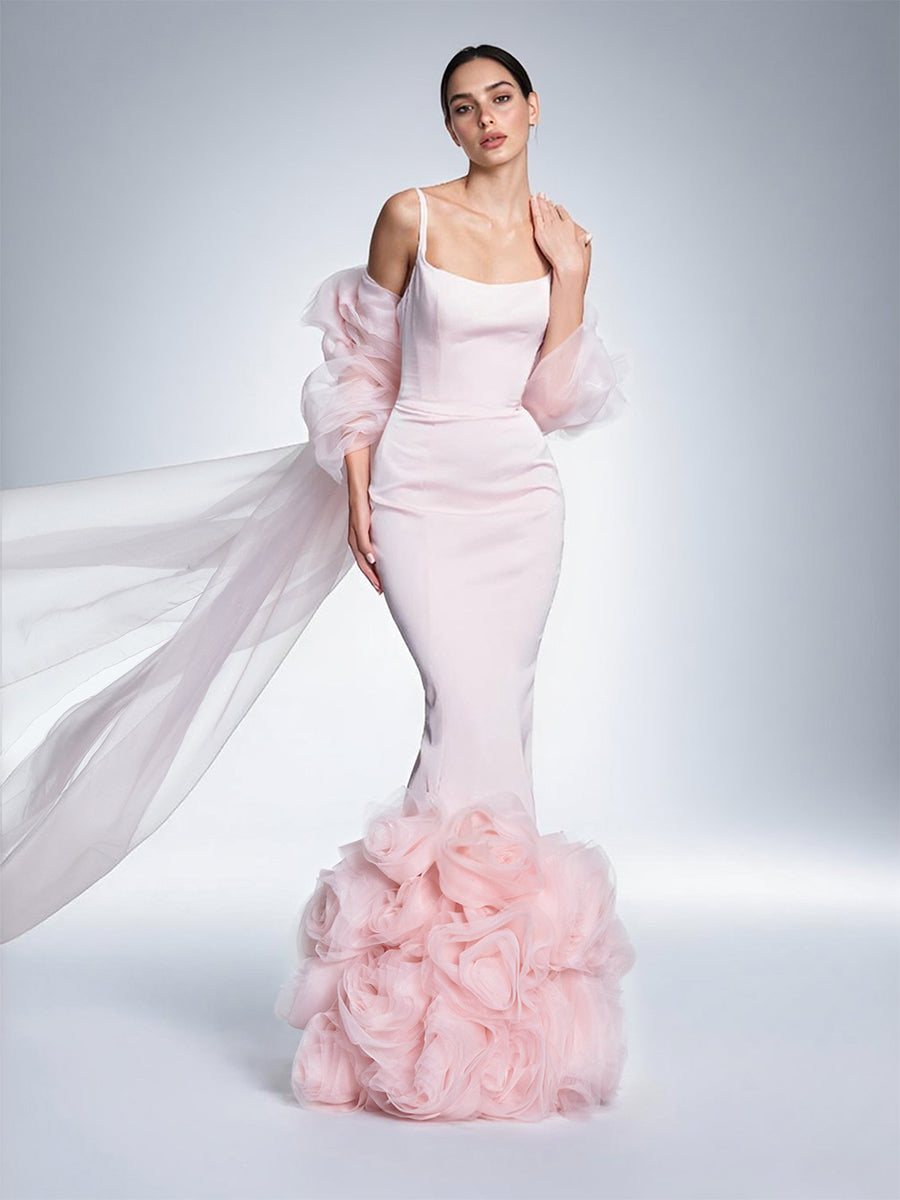 Custom Pink Off Shoulder Tulle Cape 3D Floral Mermaid Gown Formal Wedding Dress for Photoshoot Evening Party Made To Order Dress Custom Pink Off Shoulder Tulle Cape 3D Floral Mermaid Gown Formal Wedding Dress for Photoshoot Evening Party Made To Order Dress