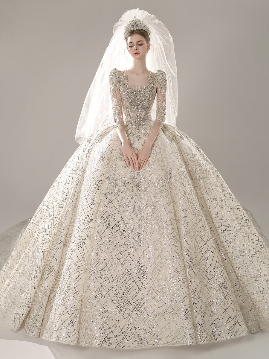 arabic marriage dress NumberSea Muslim Wedding Dresses Ball Gown Long Sleeves Tulle Appliques Lace Dubai Arabic Wedding Gown Bridal Dress Vestido de Noiva, Champagne / 22W main image 1