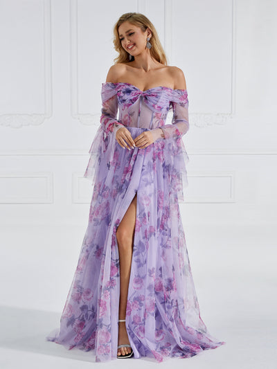 Elegant Long Flare Sleeve, A Line, Prom Dresses, Printing Tulle Photo Shoot Gown