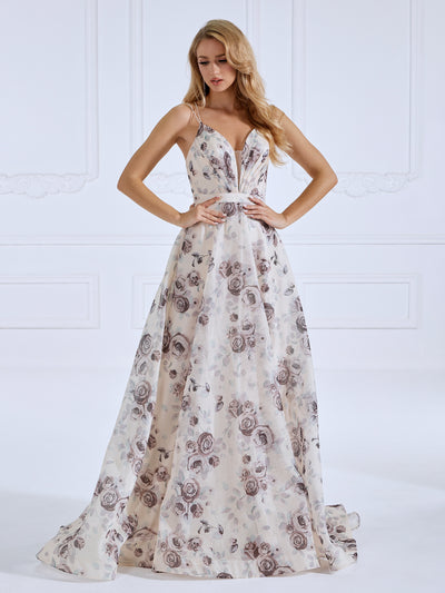 A-line, Sweep Train Printed, Ball Gown ,Evening Dresses