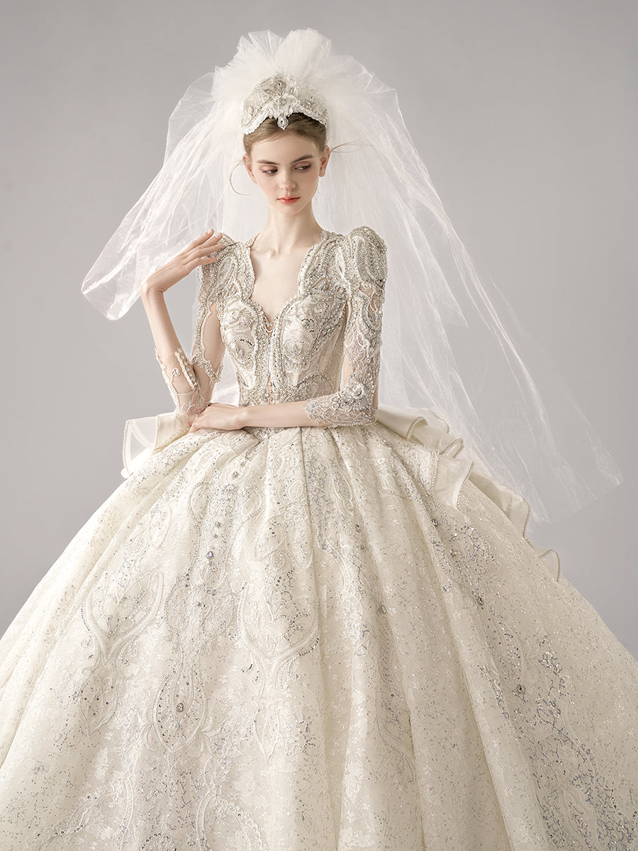 Luxury Long Sleeve French Court Wedding Dress Crystals Embroidered Wedding Gown Custom Wedding Dress YW0852 Luxury Long Sleeve French Court Wedding Dress Crystals Embroidered Wedding Gown Custom Wedding Dress YW0852
