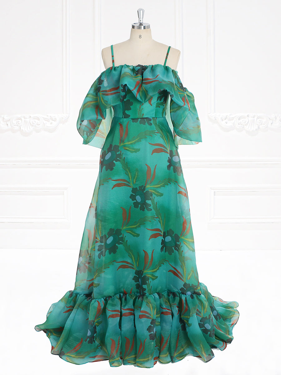 slim fit dress slacks Tulle Floral Printed Spaghetti Strap Evening Dress with V-Neck