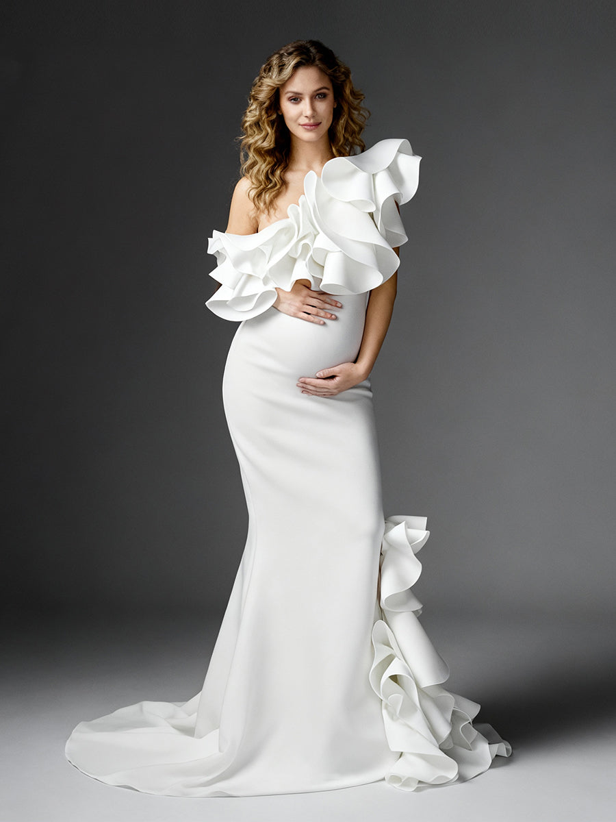 white mermaid maternity dress One Shoulder Ruffles Mermaid Maternity Dress Pregnant women Gown for Photo Shoot YW250083-1