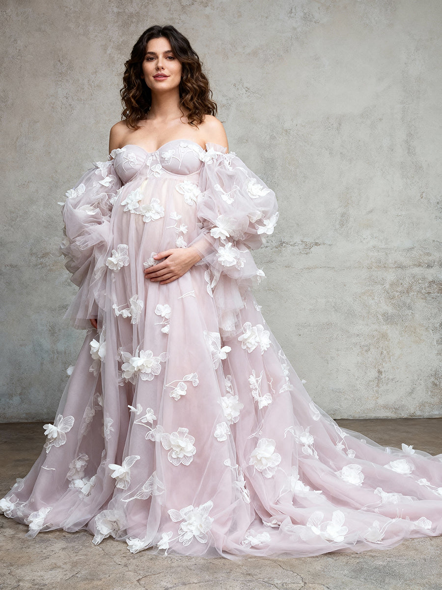 3D Floral Appliques Pregnant women Gown Photography Dress for Baby Shower Front Split 16 / Picture Color