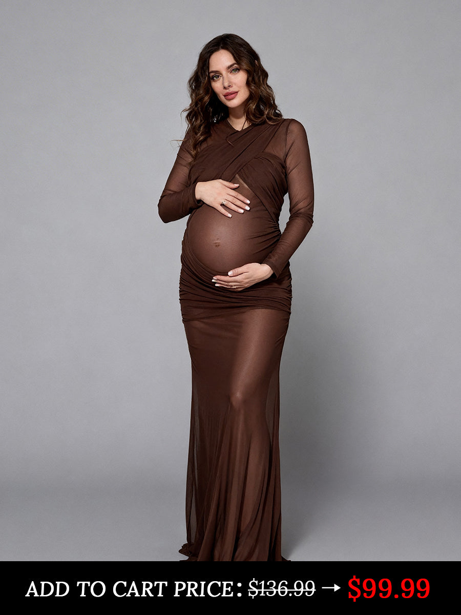 Brown Mesh Fold Long Sleeves Maternity Photo Shoot Dress Bodycon Dress for Pregnant Women 16W / Picture Color
