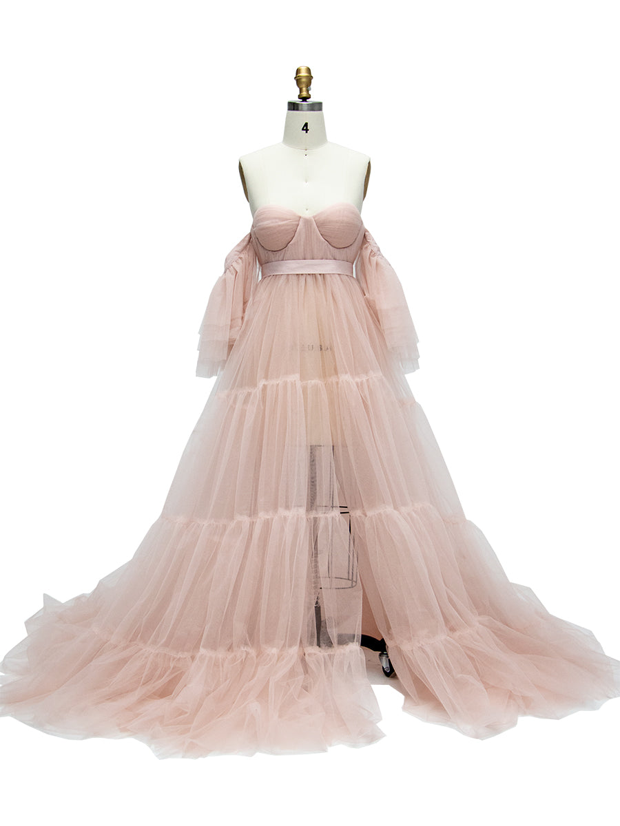 Off Shoulder Soft Tulle Maternity Gowns Short Sleeve Front Slit Pleated Maternity Dress for Photoshoot /Baby Shower YW231028 2 / N251