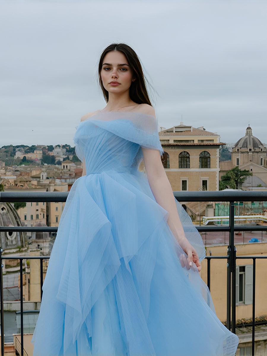 Strapless A-Line Dress Sky Blue Layered Tulle Gown Photography Dress